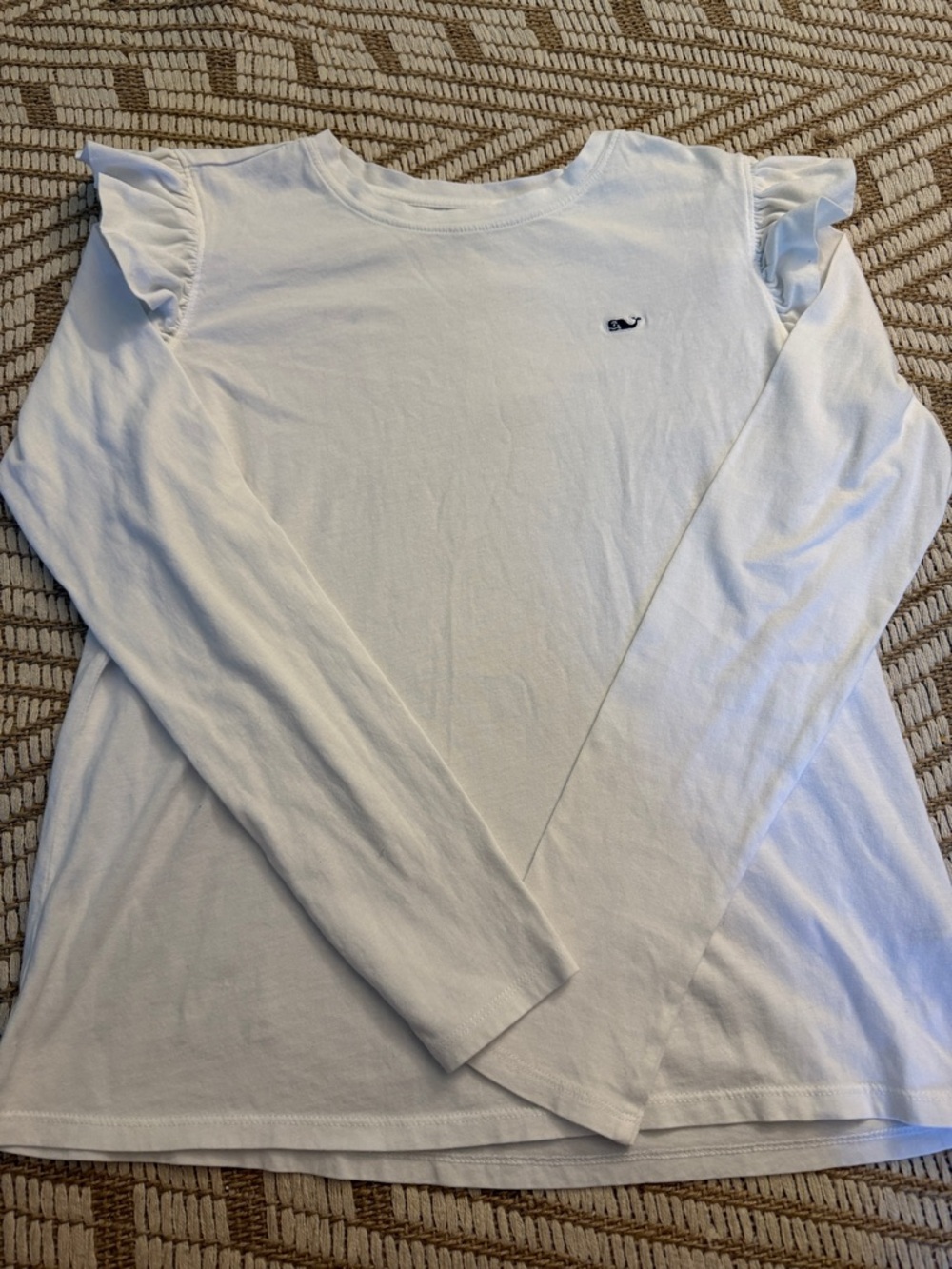 Vineyard Vines White Long-Sleeve Ruffle Shoulder Tee with Navy Whale